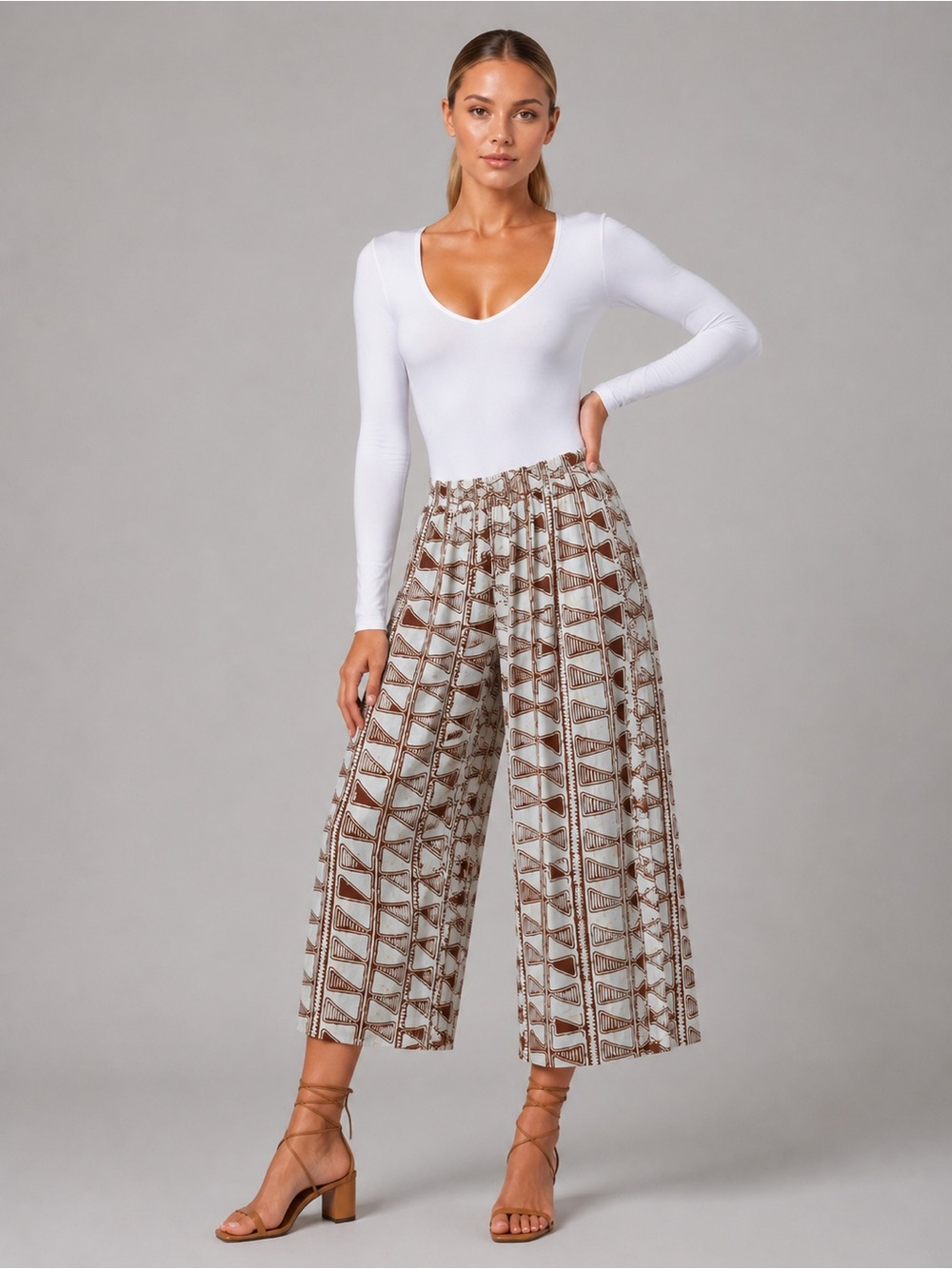 NOA NOA Wide Leg Boho Pants Large Rayon Fresh Pull On Stretch Waist Tribal Print